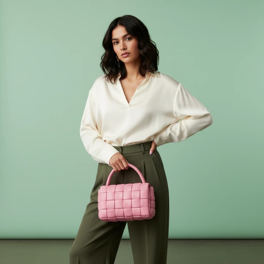 Model with pink woven bag